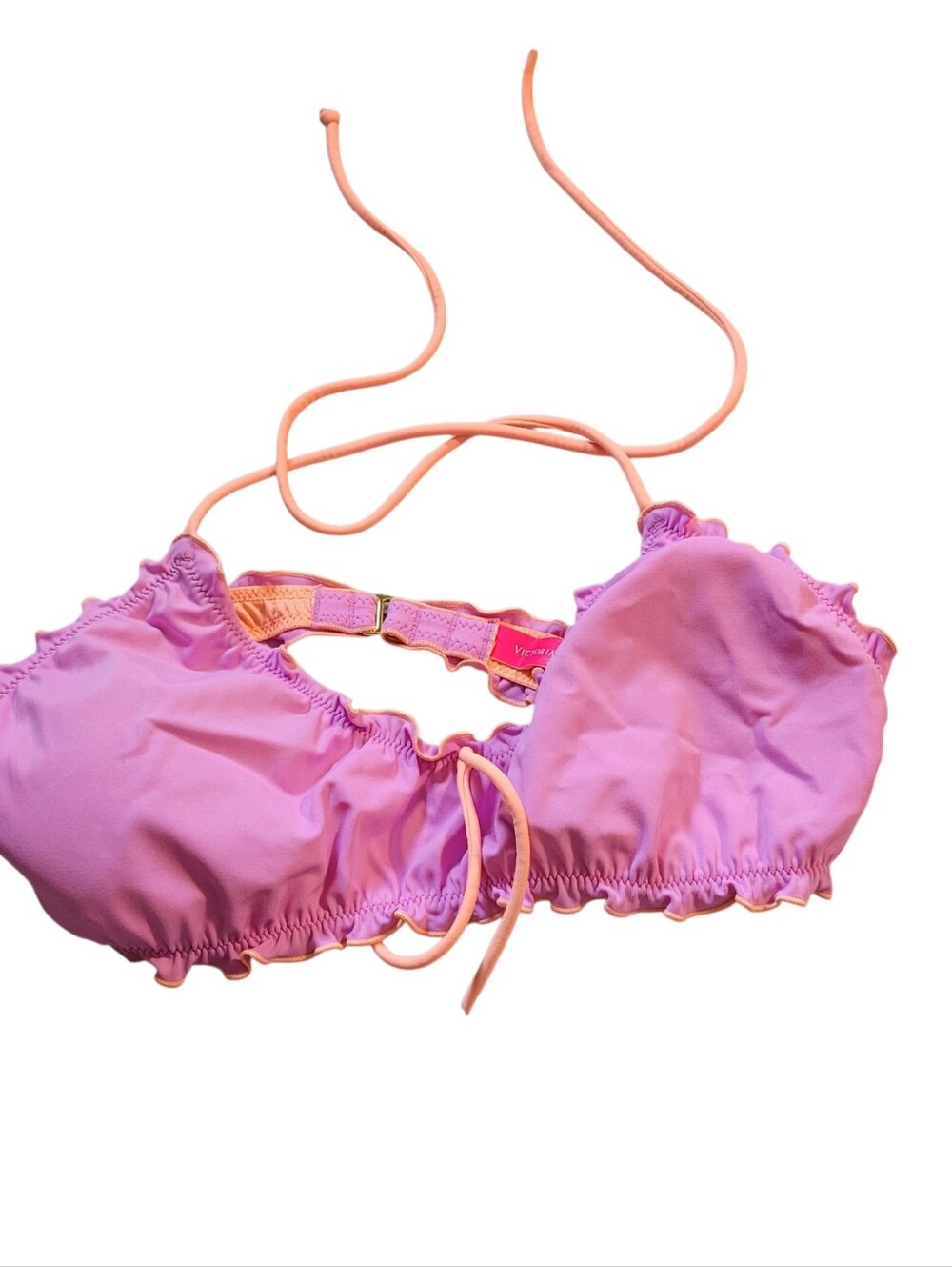 Victoria's Secret Medium Pink Ruffled Bikini Top with Peach Straps Padded